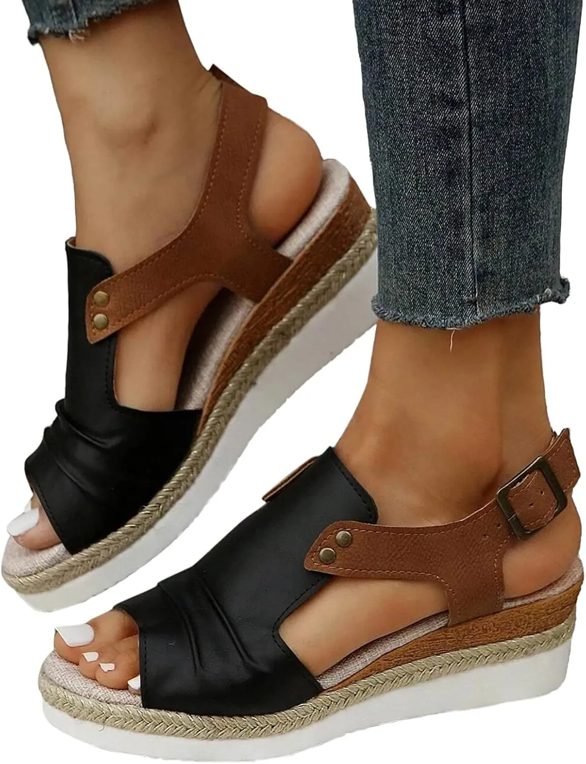 Wedge Sandals for Women,Espadrilles for Women Open Toe Ankle Strap Wedge Heels Sandals Platform Dressy Summer Sandals Wide Width Comfortable Orthopedic Sandals Casual