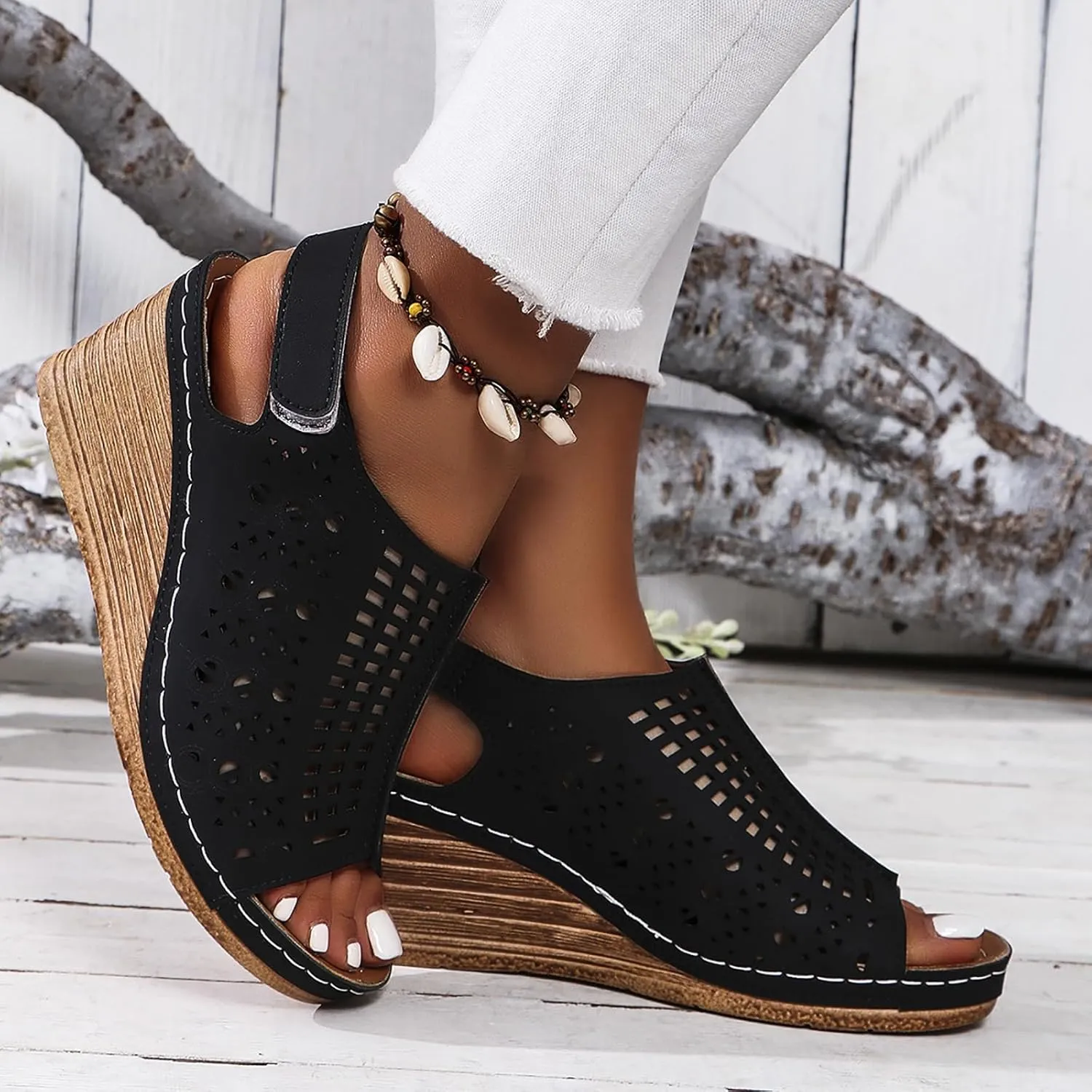 Wedge Sandals Women Summer Comfortable Open Toe Dressy Peep Bow Hollow Out Slingback Casual Adjustable Buckle Strap Flats Summer Slip On Ankle Sandal Walking Platform Beach Fashion Shoes