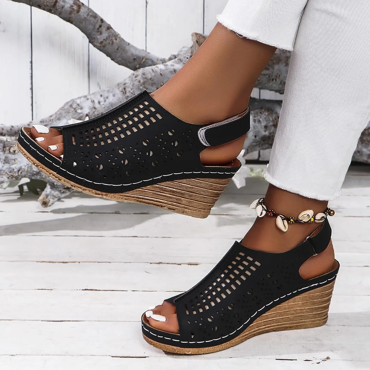 Wedge Sandals Women Summer Comfortable Open Toe Dressy Peep Bow Hollow Out Slingback Casual Adjustable Buckle Strap Flats Summer Slip On Ankle Sandal Walking Platform Beach Fashion Shoes