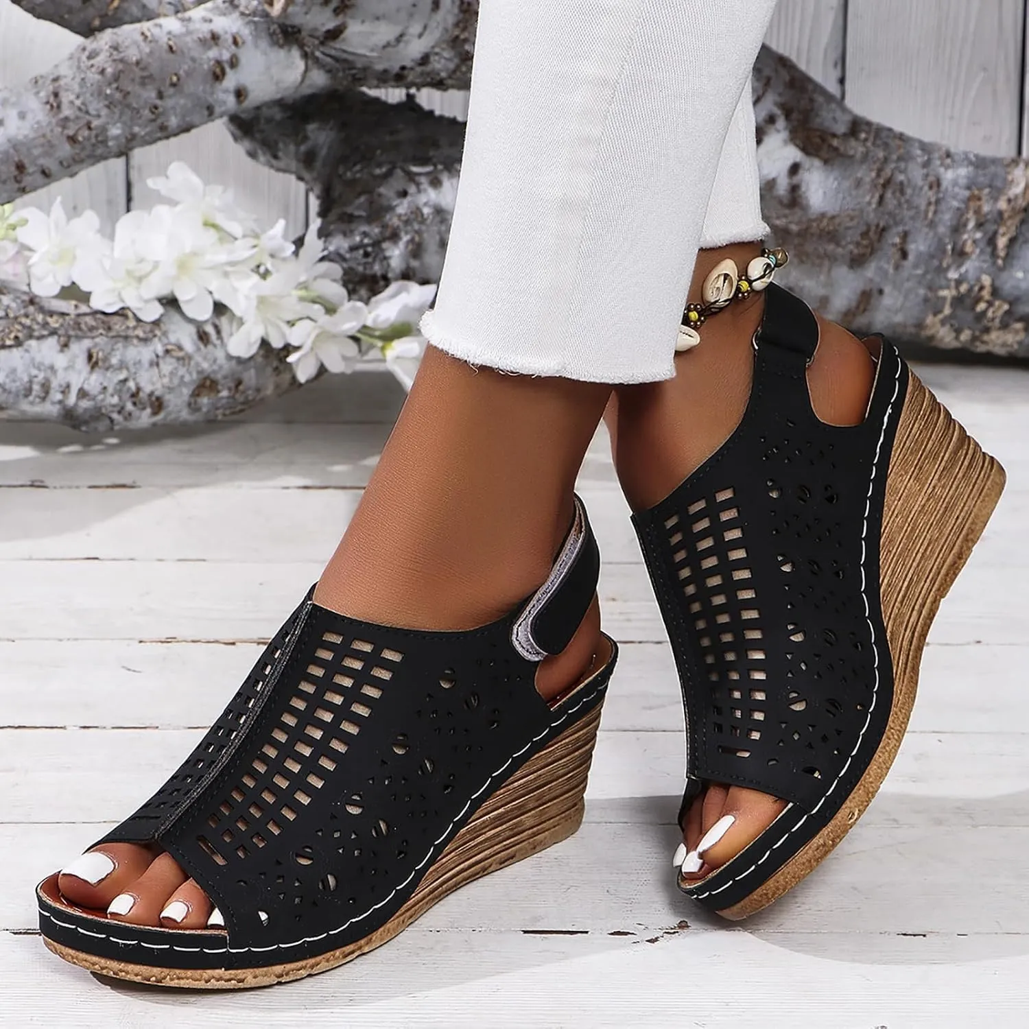 Wedge Sandals Women Summer Comfortable Open Toe Dressy Peep Bow Hollow Out Slingback Casual Adjustable Buckle Strap Flats Summer Slip On Ankle Sandal Walking Platform Beach Fashion Shoes