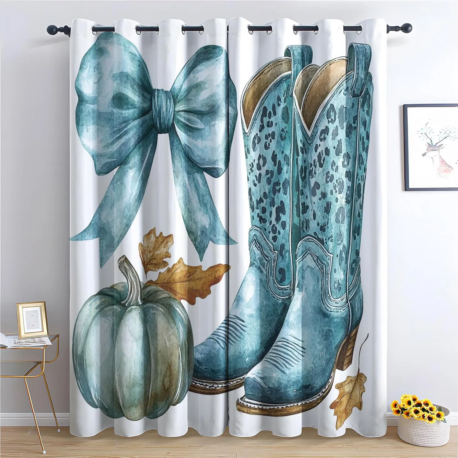Western Cowgirl Boots Blackout Curtains 63 Inch Length 2 Panels Set, Bowknot Pumpkin Curtain for Living Room, Rustic Drapes for Bedroom, Thermal Insulated Decor Curtains 42W x 63L Inch