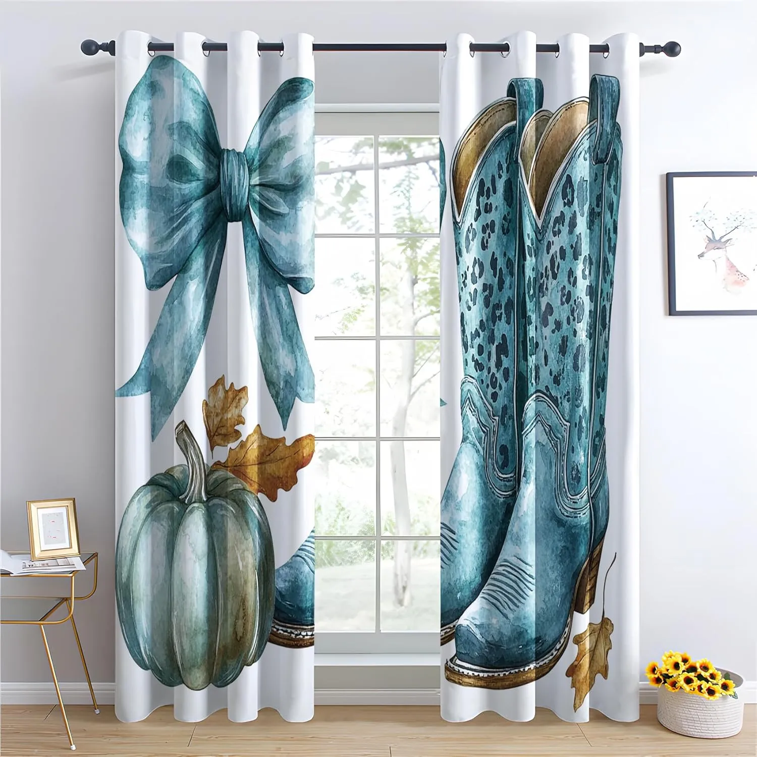 Western Cowgirl Boots Blackout Curtains 63 Inch Length 2 Panels Set, Bowknot Pumpkin Curtain for Living Room, Rustic Drapes for Bedroom, Thermal Insulated Decor Curtains 42W x 63L Inch