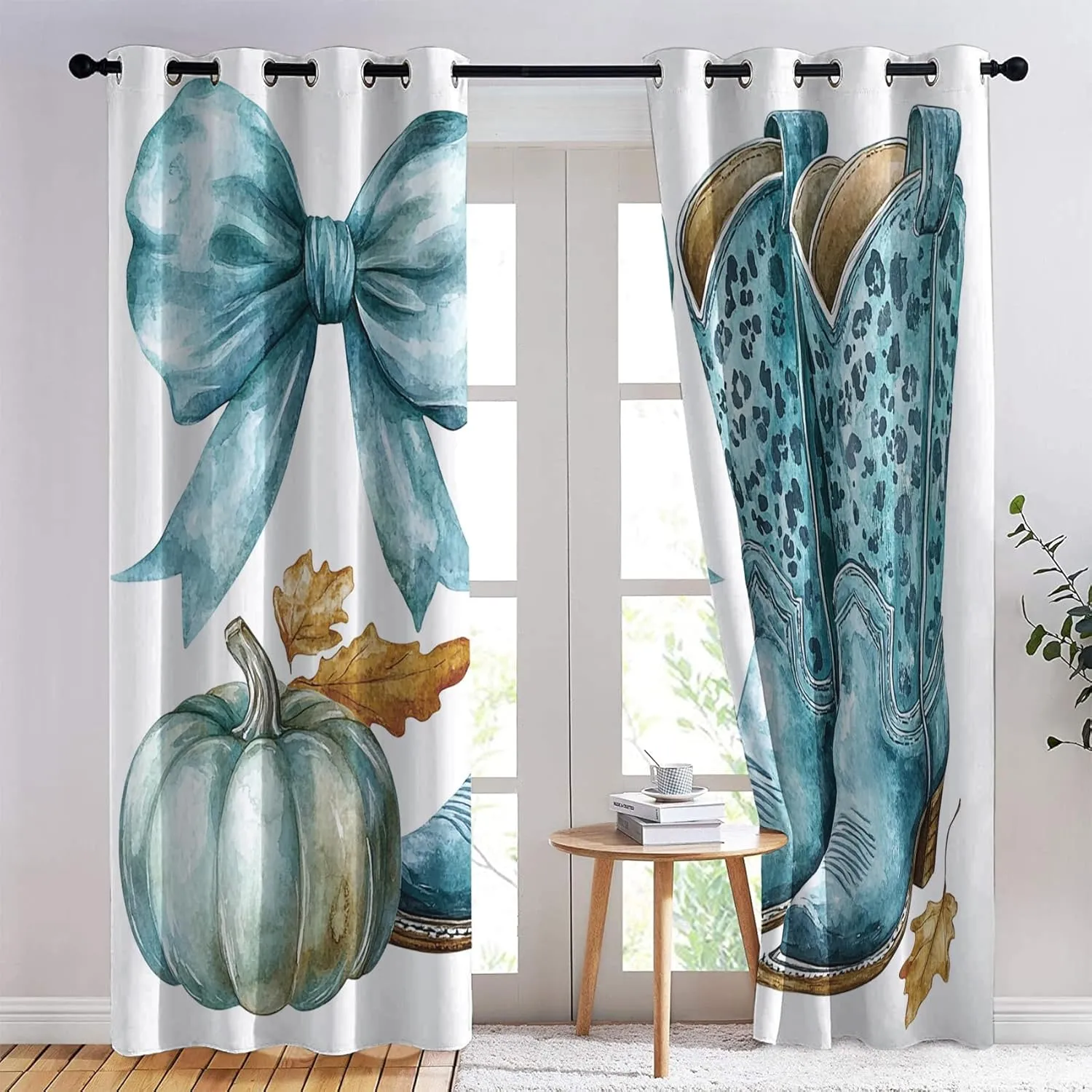 Western Cowgirl Boots Blackout Curtains 63 Inch Length 2 Panels Set, Bowknot Pumpkin Curtain for Living Room, Rustic Drapes for Bedroom, Thermal Insulated Decor Curtains 42W x 63L Inch