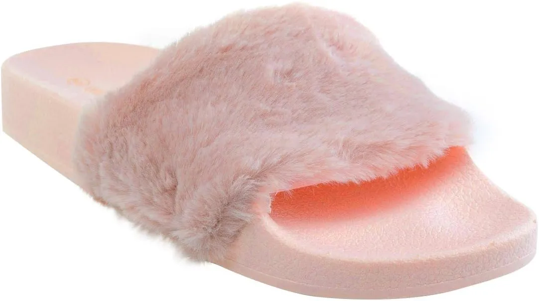 Wild Diva Matty-01 Open Toe Fluffy Fux Fur Rubber Molded Footbed Slides,Pink,6