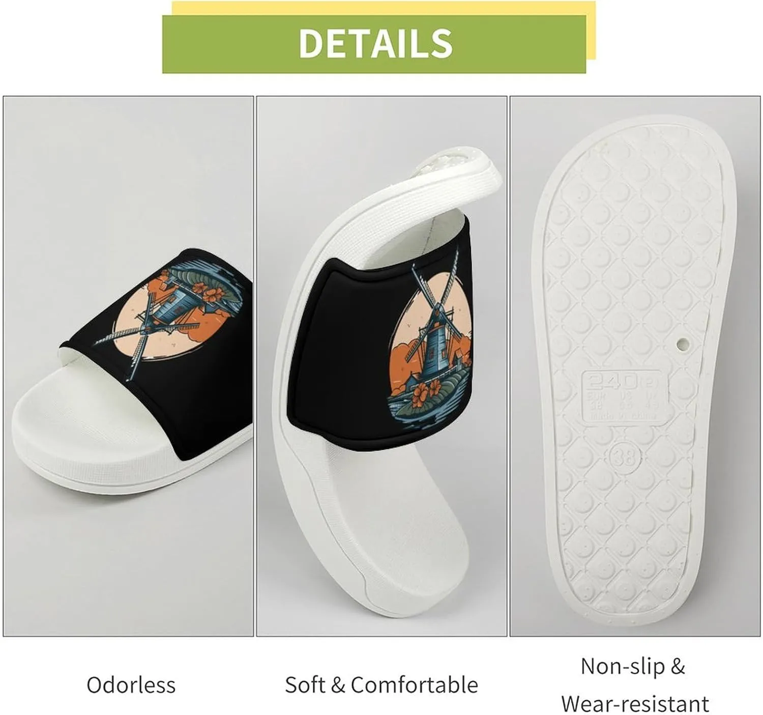 Windmill in Holand Home Slipper PVC Open Toe Shower Shoes Non-Slip Bathroom Sandals Pool Sandals for Men Women