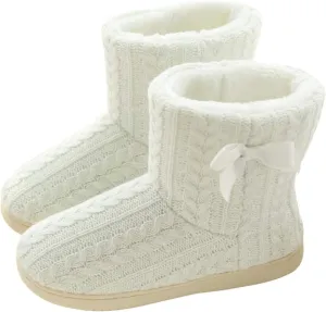 Winter Thick Plush Liner Bootie Women Teen Girls Cozy Thermal Knit Outdoor Indoor Slippers High-Top Pull on Shoes Lightweight Anti-Slip Ankle Boots Foot Warmer