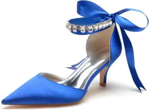 Women Crystals Satin Ribbon Tie Wedding Shoes Pointed Toe Prom Formal Party Dress Pumps Kitten Heel Bridal Shoes