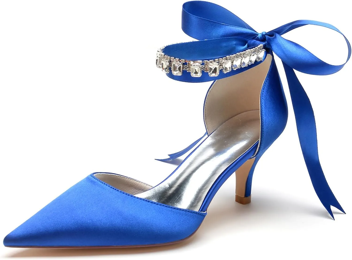 Women Crystals Satin Ribbon Tie Wedding Shoes Pointed Toe Prom Formal Party Dress Pumps Kitten Heel Bridal Shoes