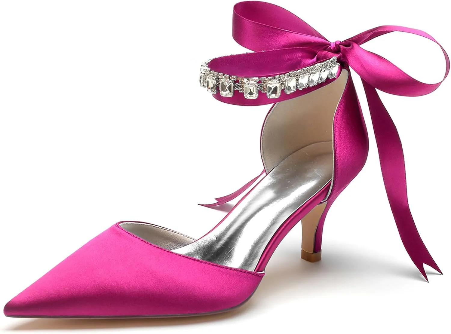 Women Crystals Satin Ribbon Tie Wedding Shoes Pointed Toe Prom Formal Party Dress Pumps Kitten Heel Bridal Shoes