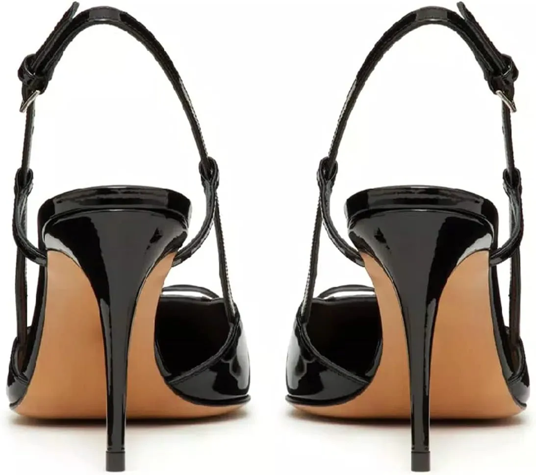 Women Heeled Slingback Sandals Closed Pointed Toe Stiletto High Heels Slip-On Backless Evening Prom Party Dress Shoes