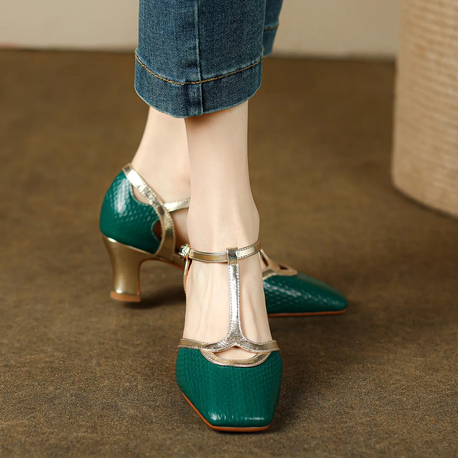 Women Kitten Heel Mary Jane Sandals Ankle T-strap Closed Square Toe Sandals Pumps Cut Out 2” Chunky Block Heel Dress Sandals Two Tone Buckle Vintage Wedding Bridal Party 4-11 M US