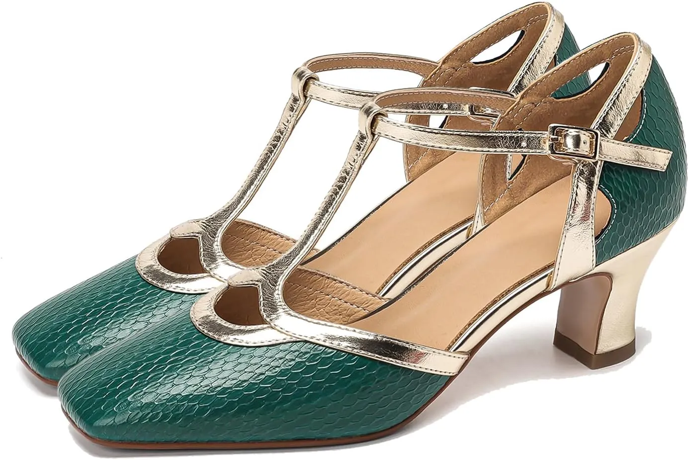 Women Kitten Heel Mary Jane Sandals Ankle T-strap Closed Square Toe Sandals Pumps Cut Out 2” Chunky Block Heel Dress Sandals Two Tone Buckle Vintage Wedding Bridal Party 4-11 M US