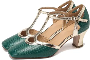 Women Kitten Heel Mary Jane Sandals Ankle T-strap Closed Square Toe Sandals Pumps Cut Out 2” Chunky Block Heel Dress Sandals Two Tone Buckle Vintage Wedding Bridal Party 4-11 M US