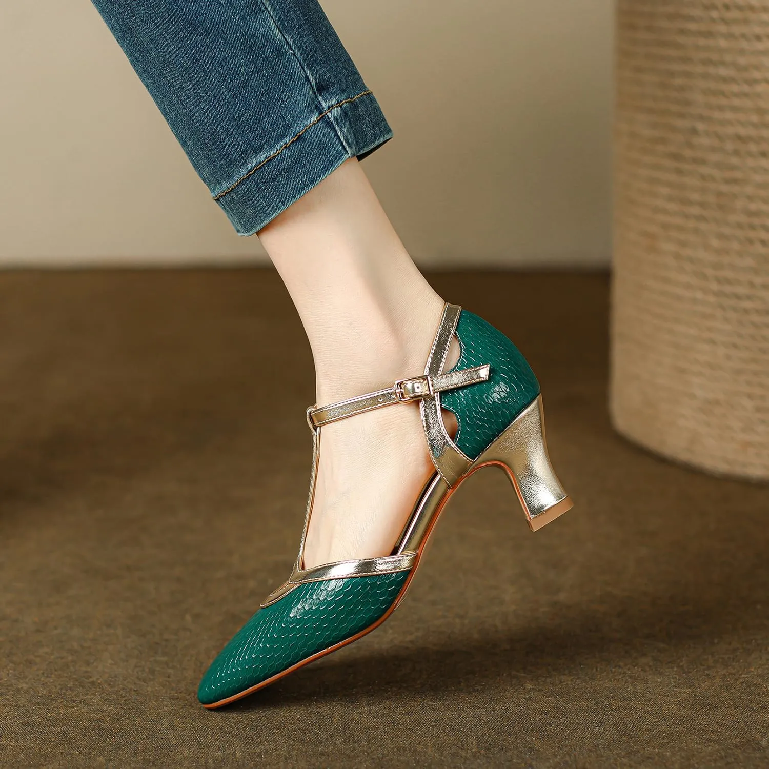 Women Kitten Heel Mary Jane Sandals Ankle T-strap Closed Square Toe Sandals Pumps Cut Out 2” Chunky Block Heel Dress Sandals Two Tone Buckle Vintage Wedding Bridal Party 4-11 M US
