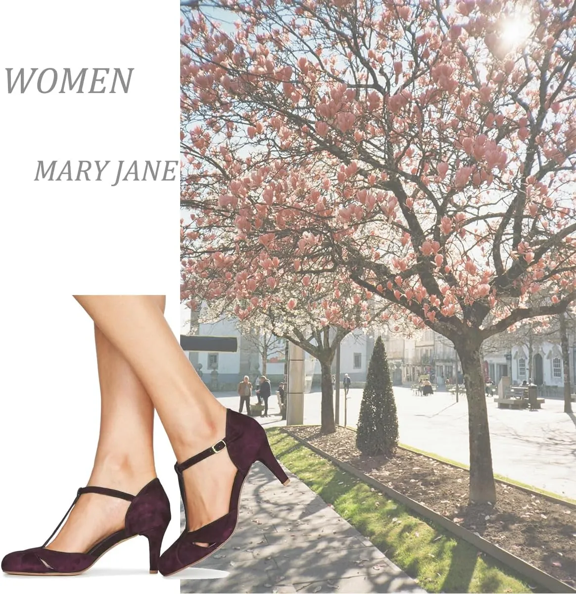 Women Kitten Heels Mary Jane Pumps Shoes Ankle T-Strap Closed Round Toe Sandals Heeled Cut Out Suede Mary Janes Dress Shoe Mid Thin Heel Patchwork Office Ladies Wedding Party Dance 4-11 M US
