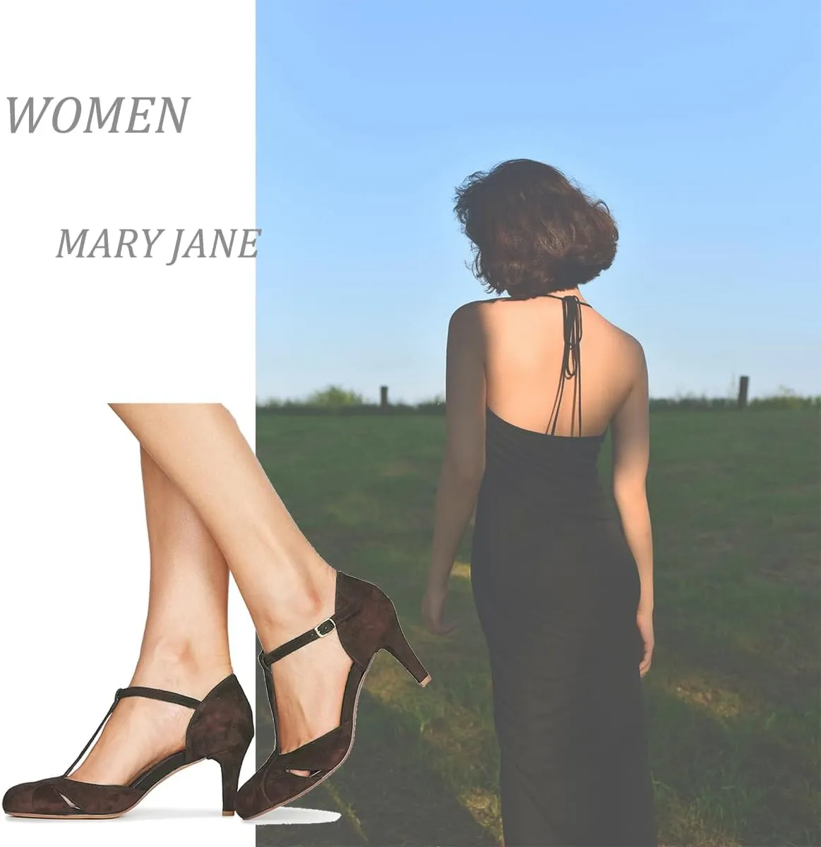 Women Kitten Heels Mary Jane Pumps Shoes Ankle T-Strap Closed Round Toe Sandals Heeled Cut Out Suede Mary Janes Dress Shoe Mid Thin Heel Patchwork Office Ladies Wedding Party Dance 4-11 M US
