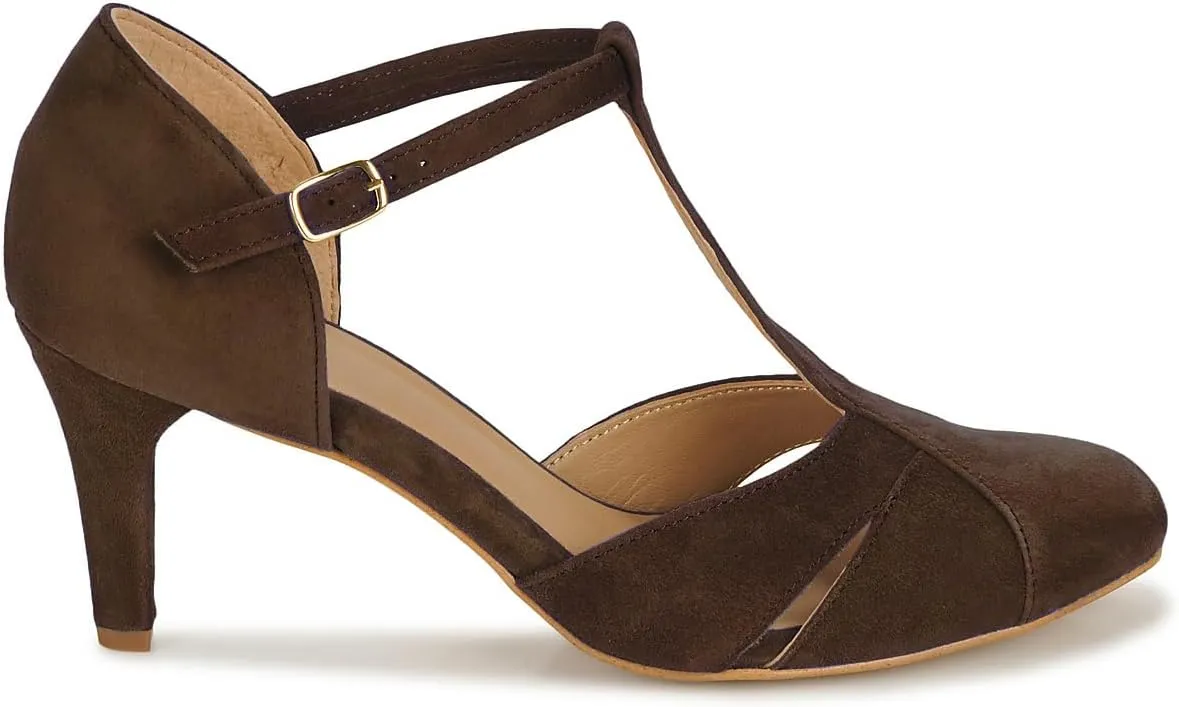 Women Kitten Heels Mary Jane Pumps Shoes Ankle T-Strap Closed Round Toe Sandals Heeled Cut Out Suede Mary Janes Dress Shoe Mid Thin Heel Patchwork Office Ladies Wedding Party Dance 4-11 M US