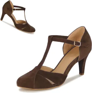 Women Kitten Heels Mary Jane Pumps Shoes Ankle T-Strap Closed Round Toe Sandals Heeled Cut Out Suede Mary Janes Dress Shoe Mid Thin Heel Patchwork Office Ladies Wedding Party Dance 4-11 M US