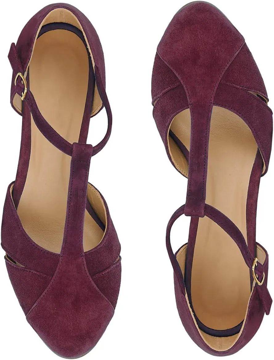 Women Kitten Heels Mary Jane Pumps Shoes Ankle T-Strap Closed Round Toe Sandals Heeled Cut Out Suede Mary Janes Dress Shoe Mid Thin Heel Patchwork Office Ladies Wedding Party Dance 4-11 M US