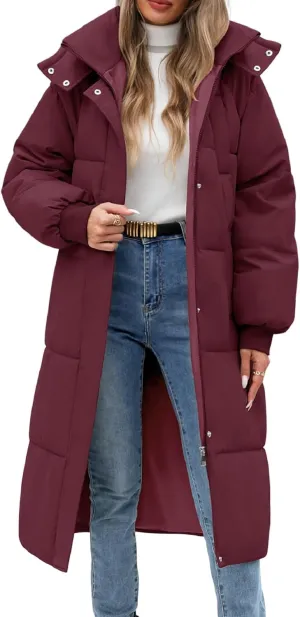 Women Long Puffer Coat Winter Warm Hooded Jacket Long Sleeve Parka Full Length Down Coats With Zip