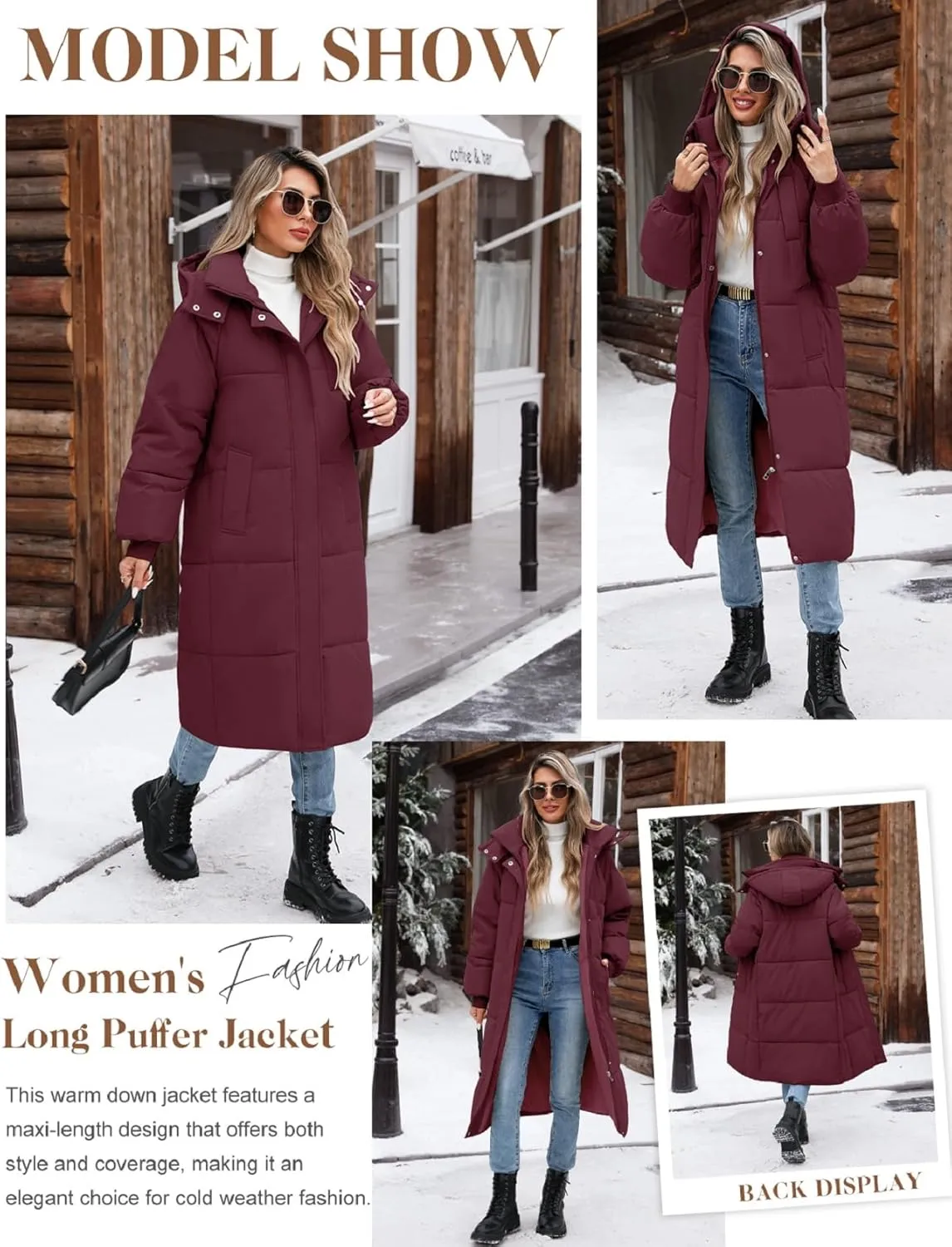 Women Long Puffer Coat Winter Warm Hooded Jacket Long Sleeve Parka Full Length Down Coats With Zip