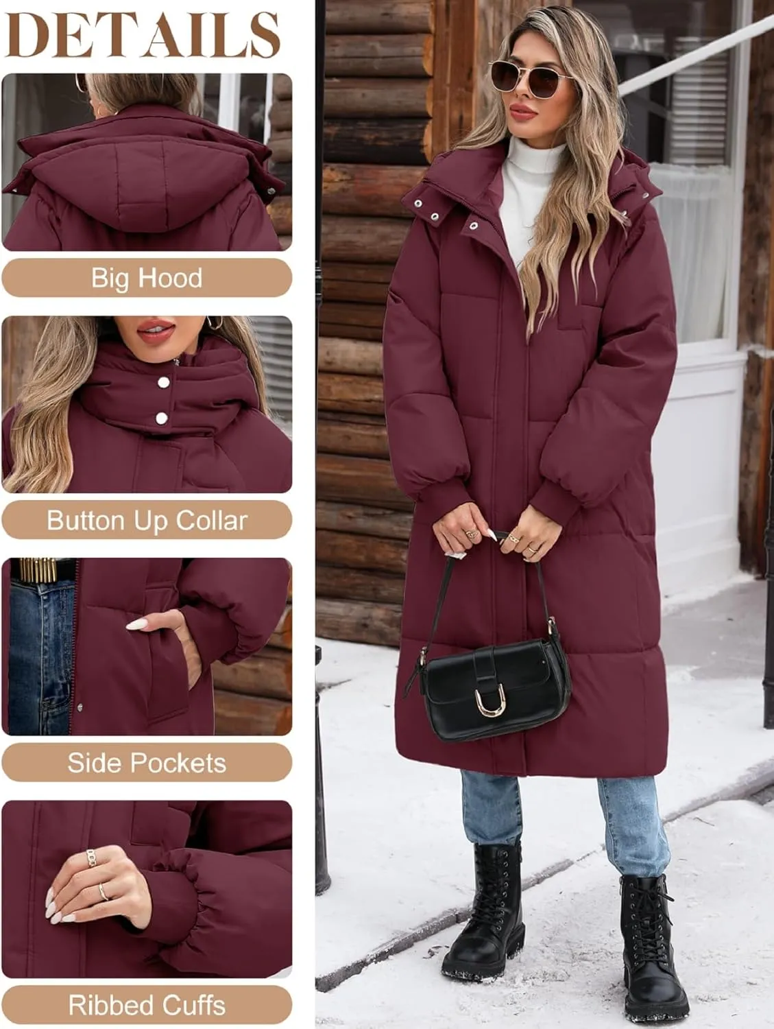 Women Long Puffer Coat Winter Warm Hooded Jacket Long Sleeve Parka Full Length Down Coats With Zip