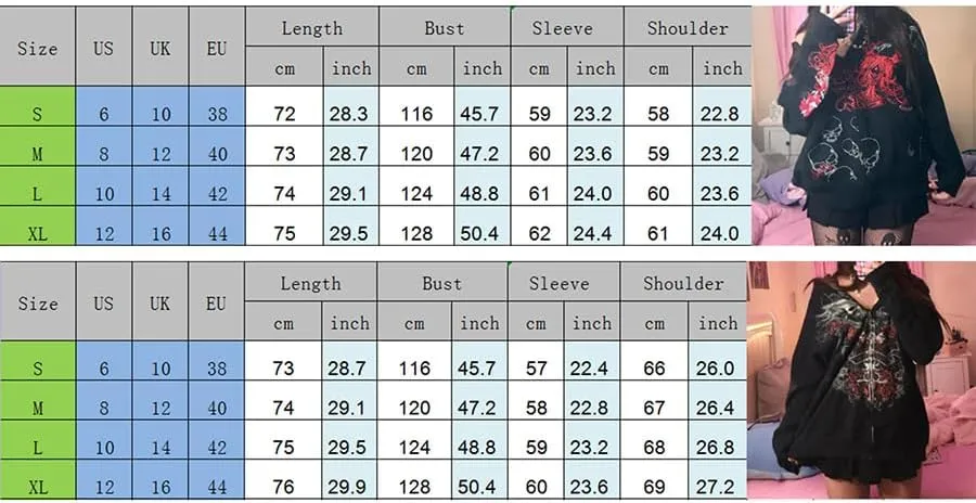 Women Vintage Oversized Long Sleeve Skeleton Printed Sweatshirt Zip Up Goth Hoodie Y2k Aesthetic Jacket Streetwear