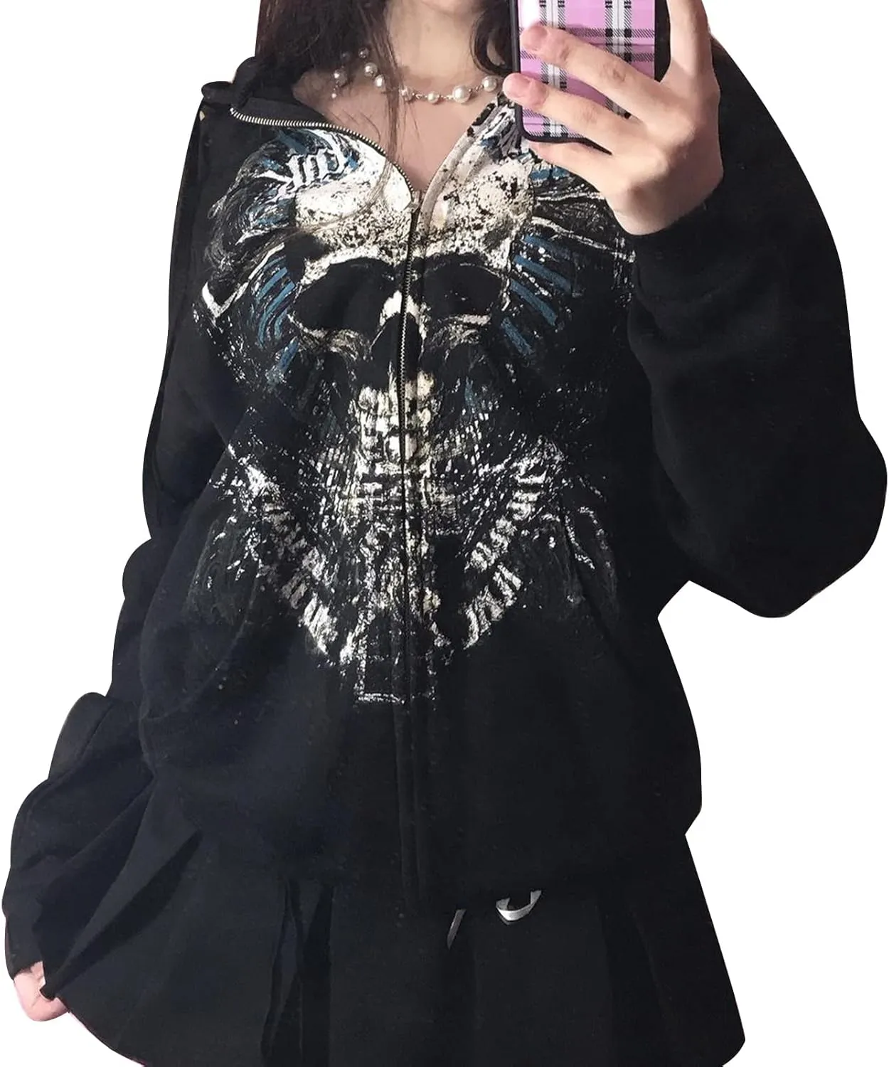 Women Vintage Oversized Long Sleeve Skeleton Printed Sweatshirt Zip Up Goth Hoodie Y2k Aesthetic Jacket Streetwear