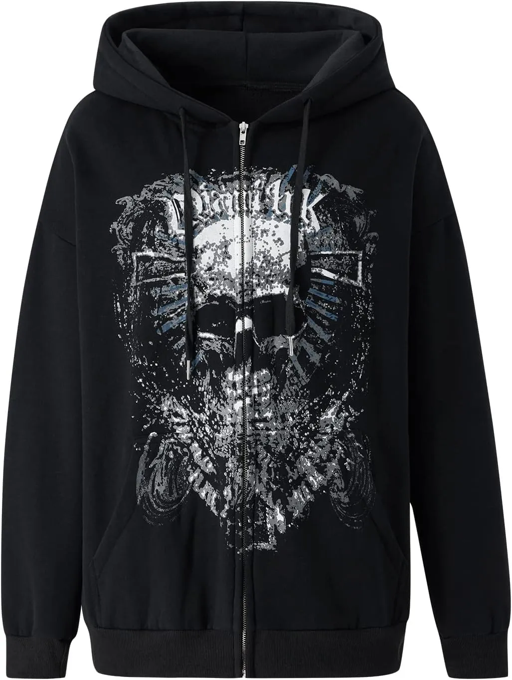 Women Vintage Oversized Long Sleeve Skeleton Printed Sweatshirt Zip Up Goth Hoodie Y2k Aesthetic Jacket Streetwear