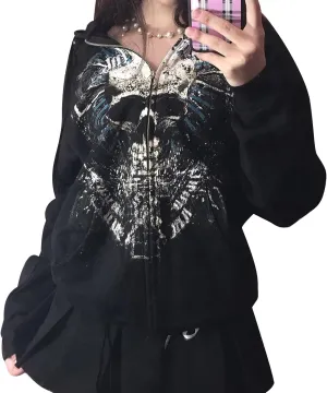 Women Vintage Oversized Long Sleeve Skeleton Printed Sweatshirt Zip Up Goth Hoodie Y2k Aesthetic Jacket Streetwear