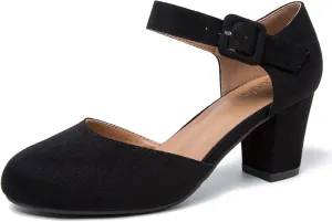 Women's Ankle Strap Pumps Closed Round Toe Buckle Low Chunky Block Heel D'Orsay Sandals Comfortable Dress Wedding Party Office Shoes