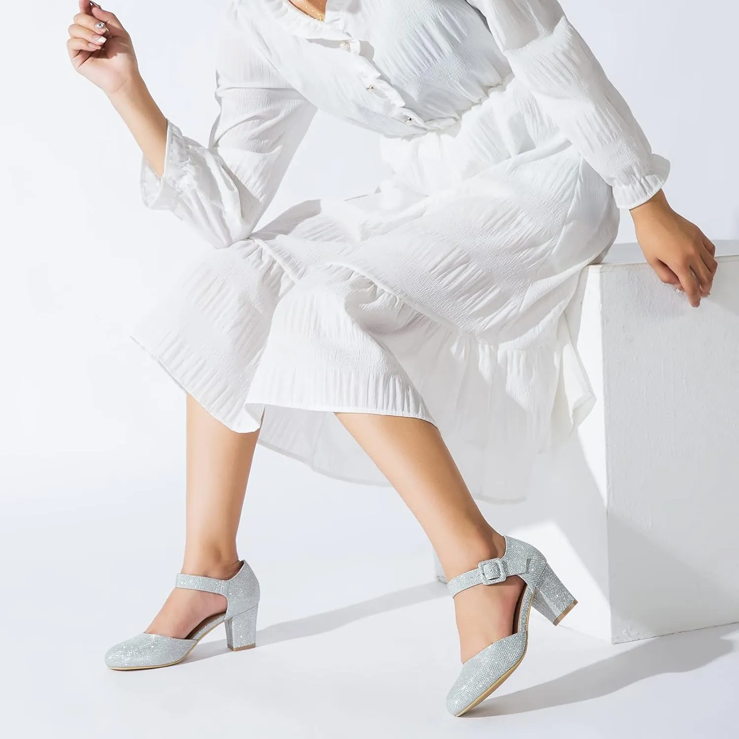 Women's Ankle Strap Pumps Closed Round Toe Buckle Low Chunky Block Heel D'Orsay Sandals Comfortable Dress Wedding Party Office Shoes