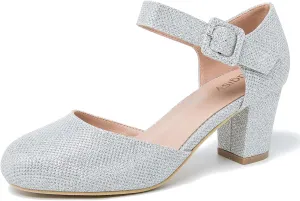 Women's Ankle Strap Pumps Closed Round Toe Buckle Low Chunky Block Heel D'Orsay Sandals Comfortable Dress Wedding Party Office Shoes