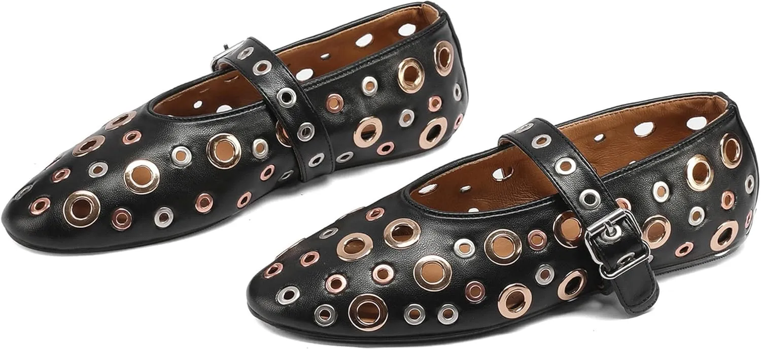 Women's Black Perforated Flat Shoes with Chunky Metallic Ring Embellishments Fashion Casual Loafers Comfortable Walking Slip-On