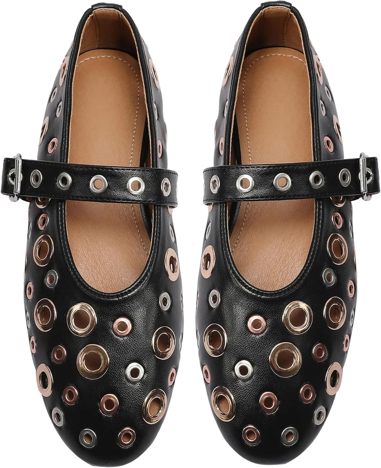 Women's Black Perforated Flat Shoes with Chunky Metallic Ring Embellishments Fashion Casual Loafers Comfortable Walking Slip-On