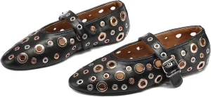 Women's Black Perforated Flat Shoes with Chunky Metallic Ring Embellishments Fashion Casual Loafers Comfortable Walking Slip-On