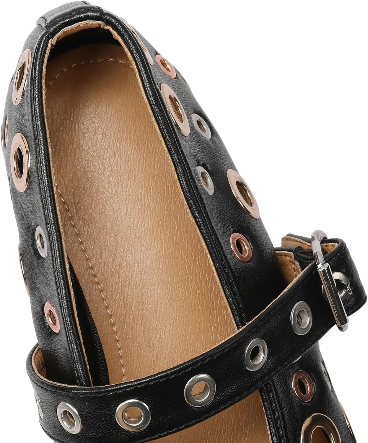 Women's Black Perforated Flat Shoes with Chunky Metallic Ring Embellishments Fashion Casual Loafers Comfortable Walking Slip-On