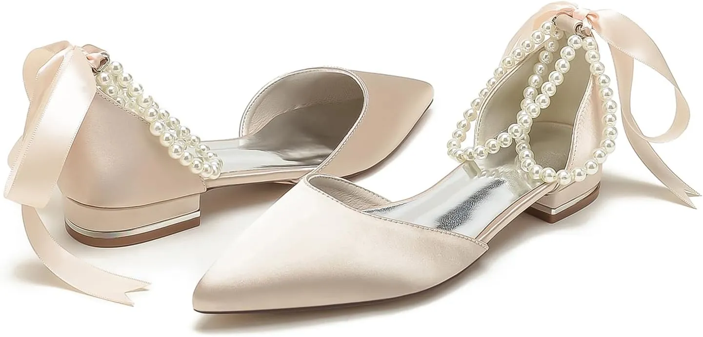 Women's Bridal Shoes Satin Pearl Ribbon Lace Up Wedding Sandals Formal Evening Closed Pointed Toe Dress Sandals