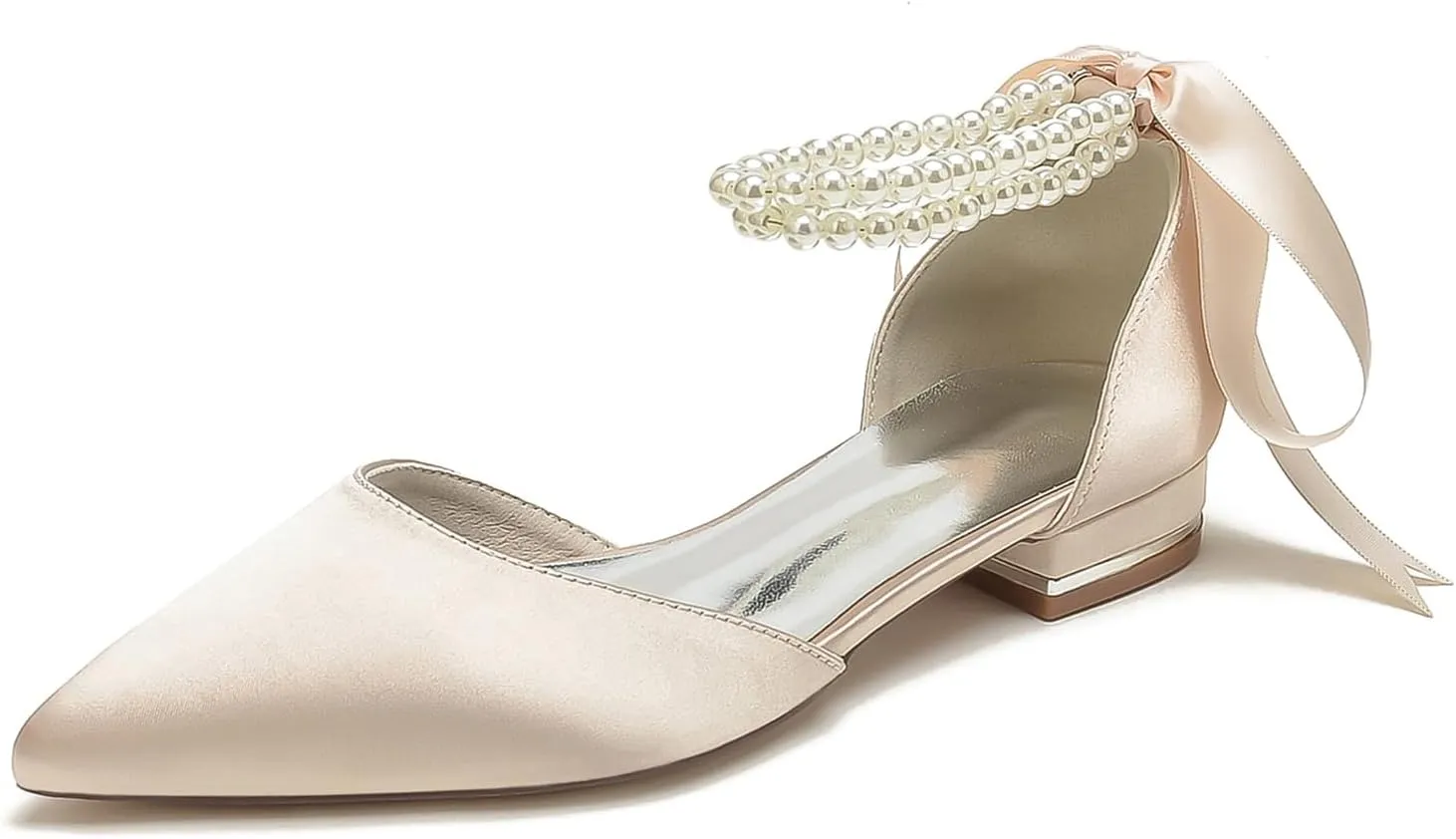 Women's Bridal Shoes Satin Pearl Ribbon Lace Up Wedding Sandals Formal Evening Closed Pointed Toe Dress Sandals
