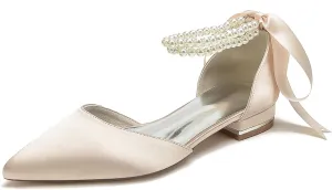 Women's Bridal Shoes Satin Pearl Ribbon Lace Up Wedding Sandals Formal Evening Closed Pointed Toe Dress Sandals