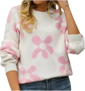 Women's Casual Flower Knitted Sweaters Crewneck Long Sleeve Chunky Cable Knit Pullover 2023 Fashion Clothes