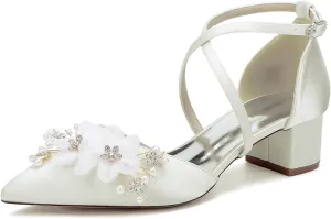 Women's Chunky Block Heel Pumps Closed Pointed Toe Satin with Embroidery Lace Flower Cross Strap Wedding Bridal Shoes