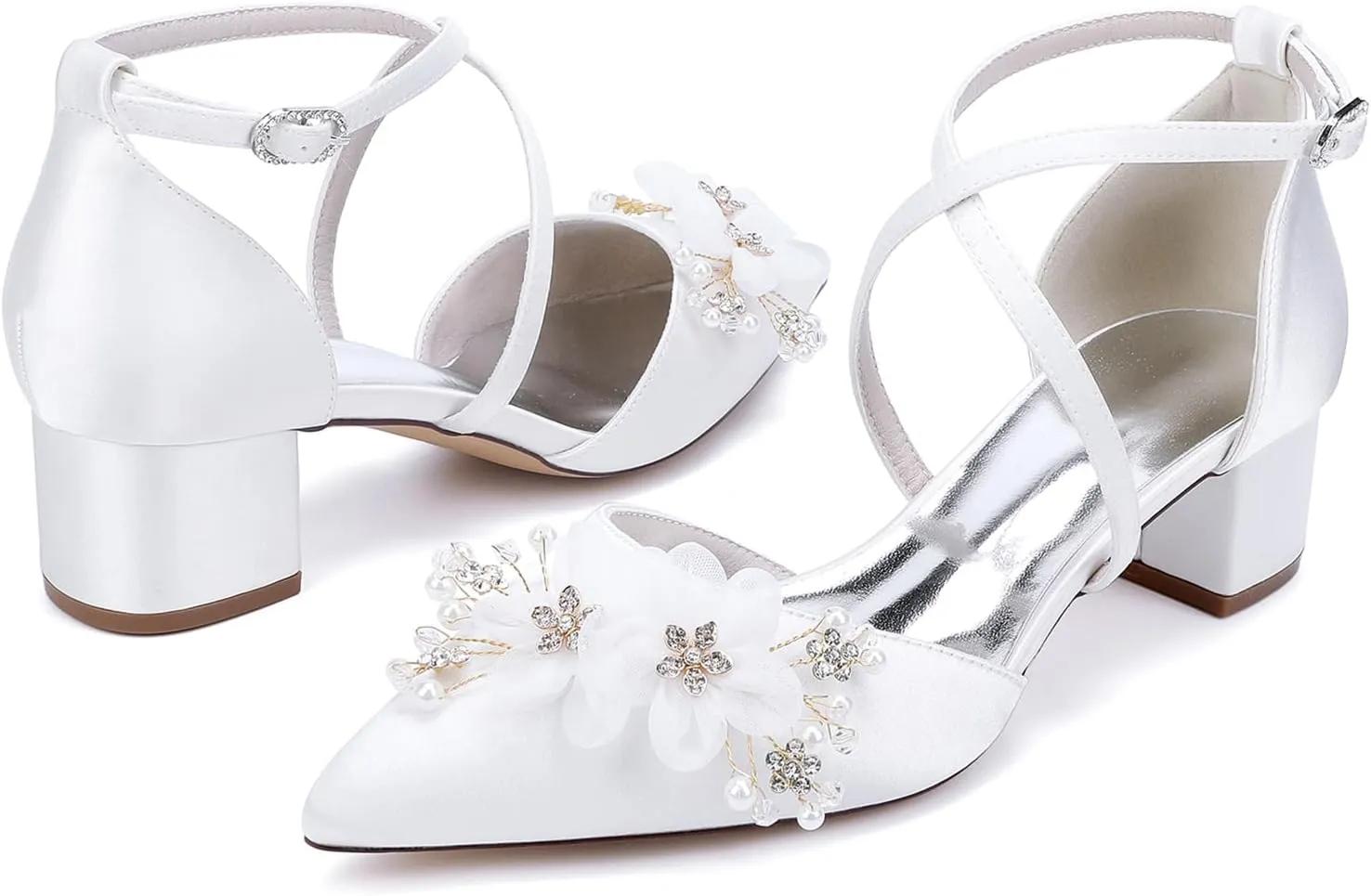 Women's Chunky Block Heel Pumps Closed Pointed Toe Satin with Embroidery Lace Flower Cross Strap Wedding Bridal Shoes