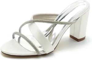 Women's Chunky Heels Closed Toe Dress Pumps Shoes Rhinestone Pointed Toe Slingback Wedding Bridal Shoes