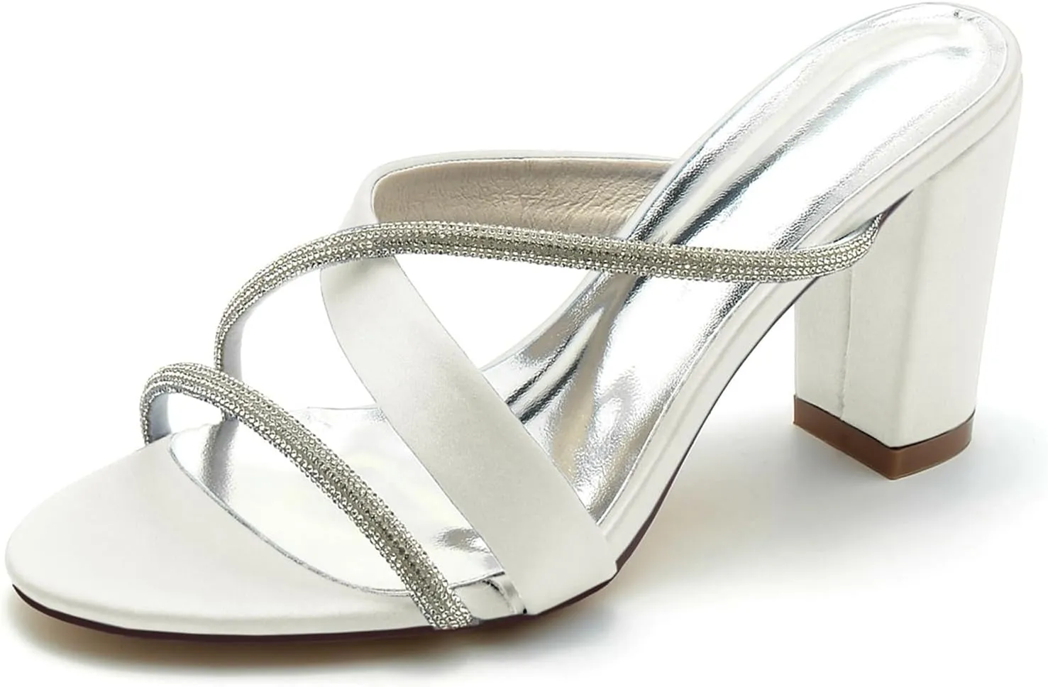 Women's Chunky Heels Closed Toe Dress Pumps Shoes Rhinestone Pointed Toe Slingback Wedding Bridal Shoes