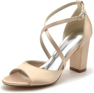 Women's Closed Toe Cross Strap Wedding Shoes for Bride Block Heel Bridal Shoes Satin Prom Party Dress Pumps