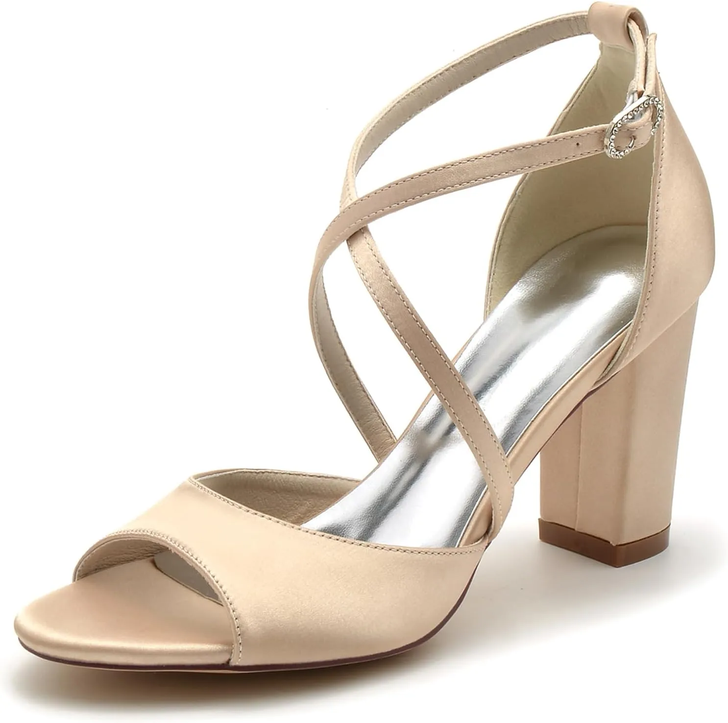 Women's Closed Toe Cross Strap Wedding Shoes for Bride Block Heel Bridal Shoes Satin Prom Party Dress Pumps
