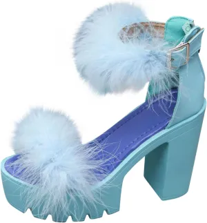 Women's Colorblock Pompom Fluffy Sandals Back Zipper High Heel Hook and Eye Platform Sandal Trendy Open Toe Shoe