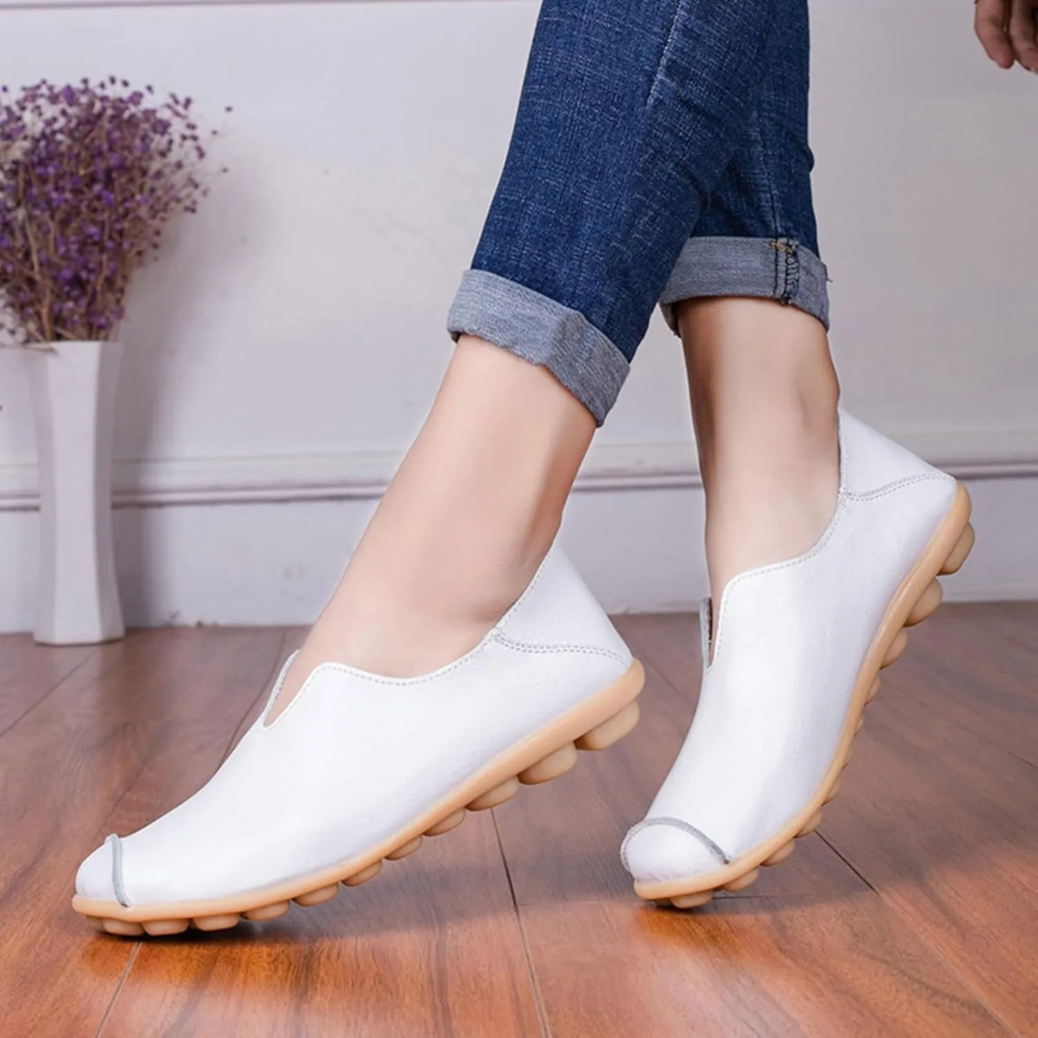 Women's Comfort Walking Boat Shoe Breathable Walking Office Flat Loafer Casual Leather Flats Slip On Driving Loafers Comfortable Orthopedic Shoes