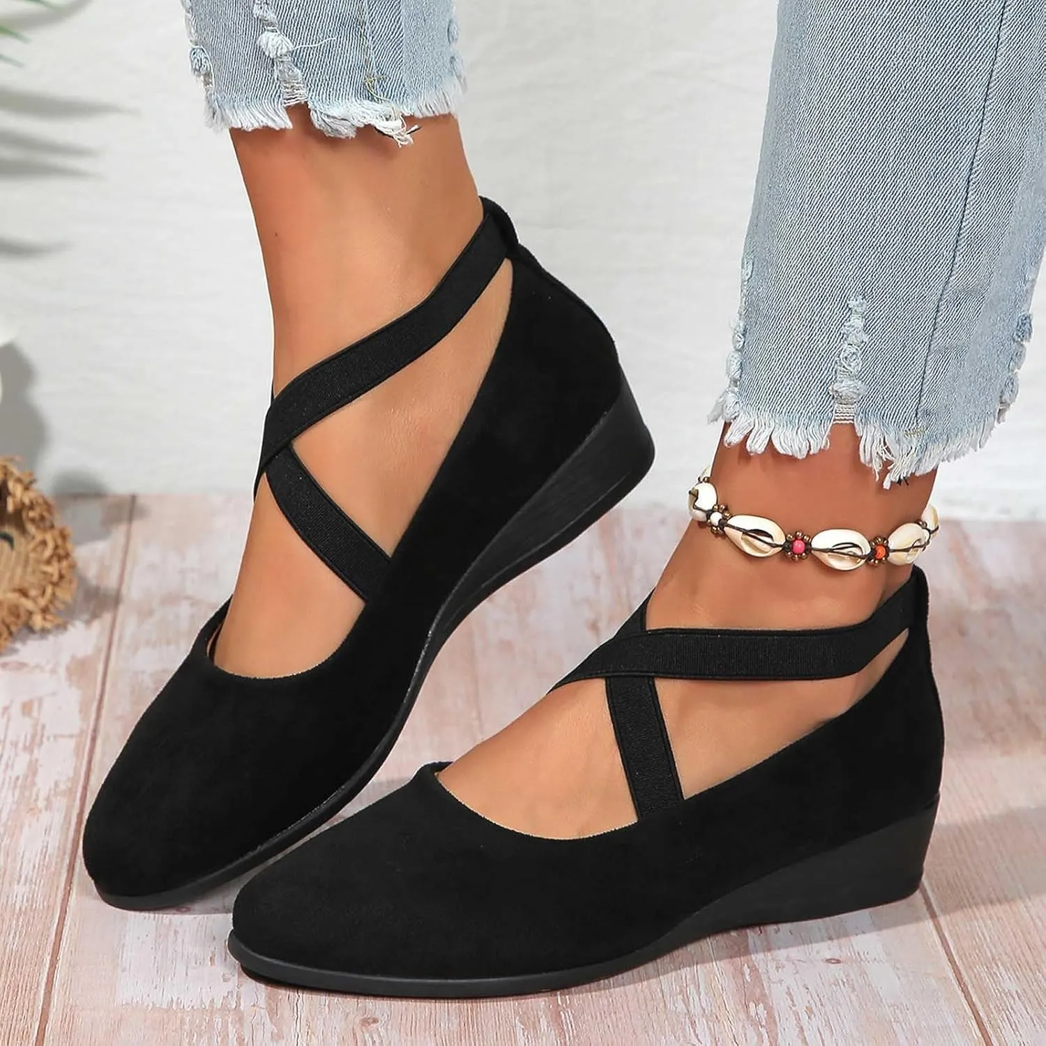 Women's Comfortable Fashion Elastic Ankle Straps Flats Shoes Pull-On Criss-Cross Ballet Girls Dress Little Gracy Mary Shoes Dressy Crisscross Strap Ballerina Flats Closed Toe Slip On Flat